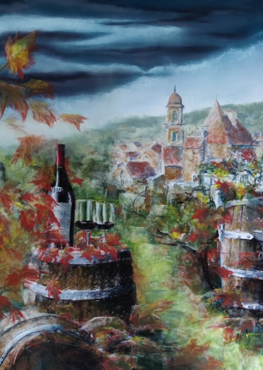 Drawing titled "Dégustation à Arbois" by Florence Le Guennec, Original Artwork, Pastel