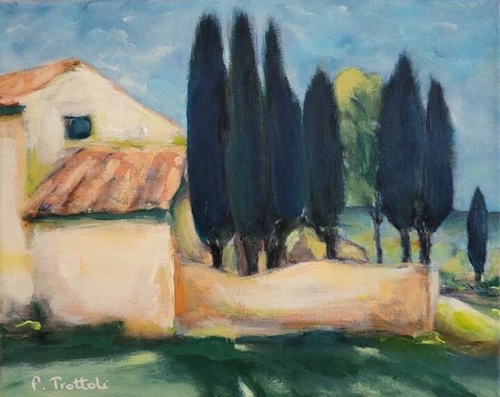 Painting titled "Mas et cyprès de Pr…" by Florence Trottoli, Original Artwork, Acrylic