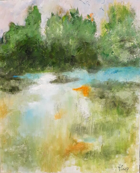 Painting titled "ETANG" by Florence Crespy, Original Artwork, Oil