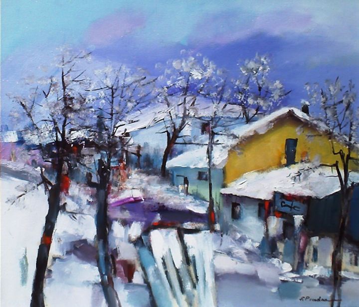 Peinture intitulée "Winter on my street" par Florin Prodan, Œuvre d'art originale, Huile