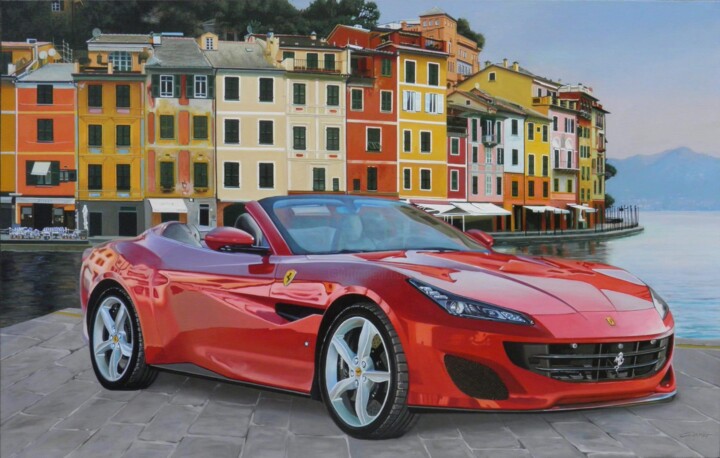 Painting titled "Ferrari Portofino" by Francesco Capello, Original Artwork, Oil Mounted on Wood Stretcher frame