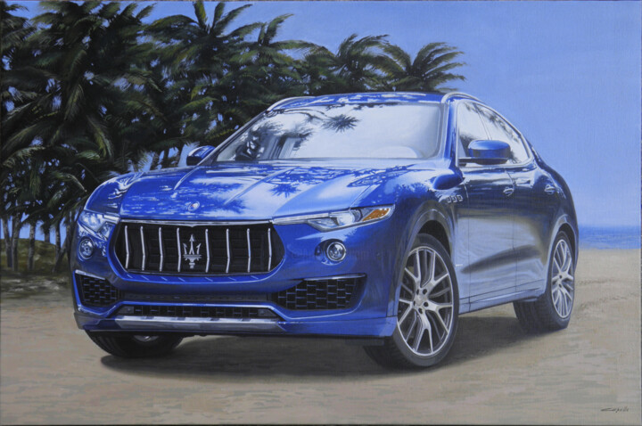 Painting titled "MASERATI LEVANTE" by Francesco Capello, Original Artwork, Oil Mounted on Wood Stretcher frame