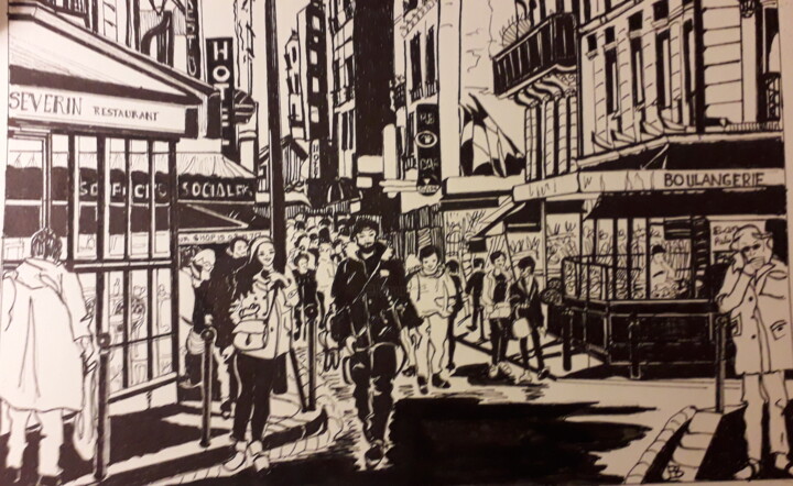 Dibujo titulada "La rue Mouffetard" por Francine Bois, Obra de arte original, Tinta