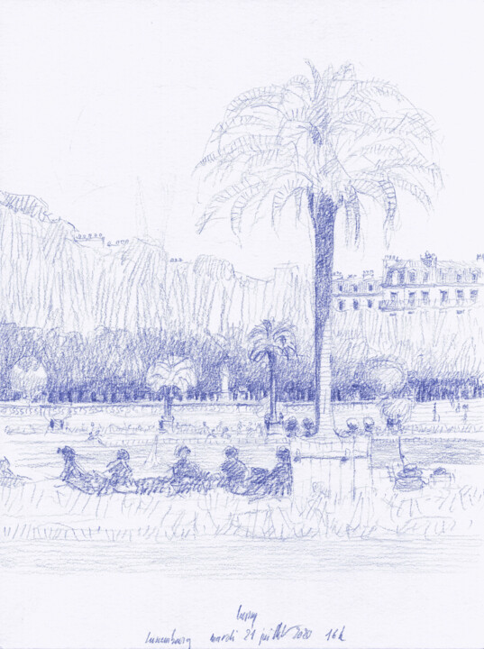 Tekening getiteld "Jardin du Luxembour…" door François Cusson, Origineel Kunstwerk, Potlood Gemonteerd op Plexiglas