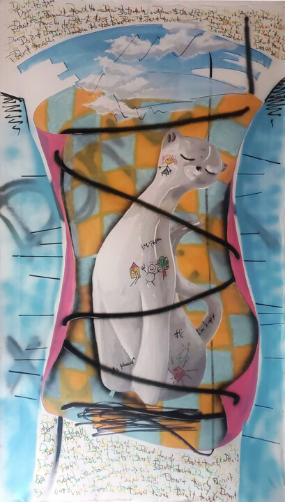 Schilderij getiteld "Gato envuelto para…" door Franky Vv, Origineel Kunstwerk, Acryl
