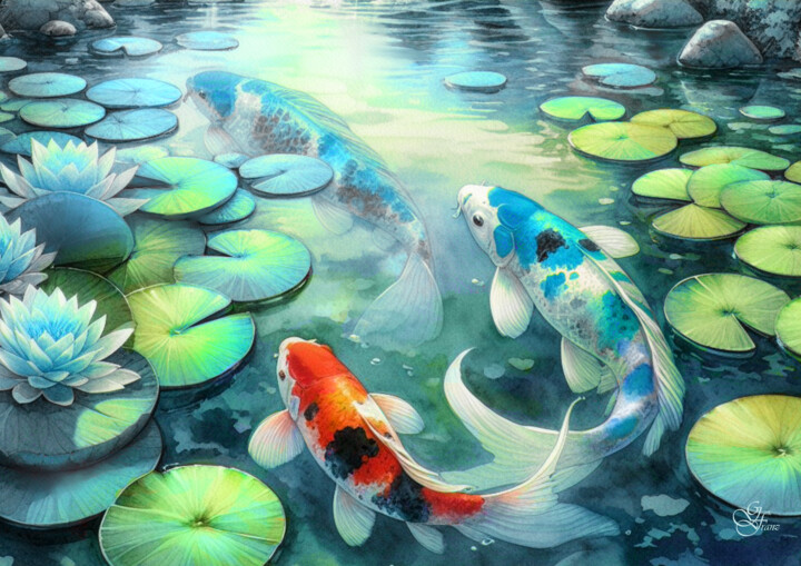 Digitale Kunst getiteld "Fische im Teich" door Franz Grausenburger, Origineel Kunstwerk, Digitaal Schilderwerk