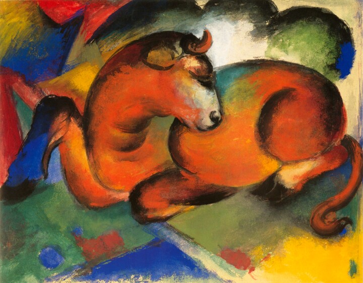 "Le taureau rouge" başlıklı Tablo Franz Marc tarafından, Orijinal sanat, Guaş boya