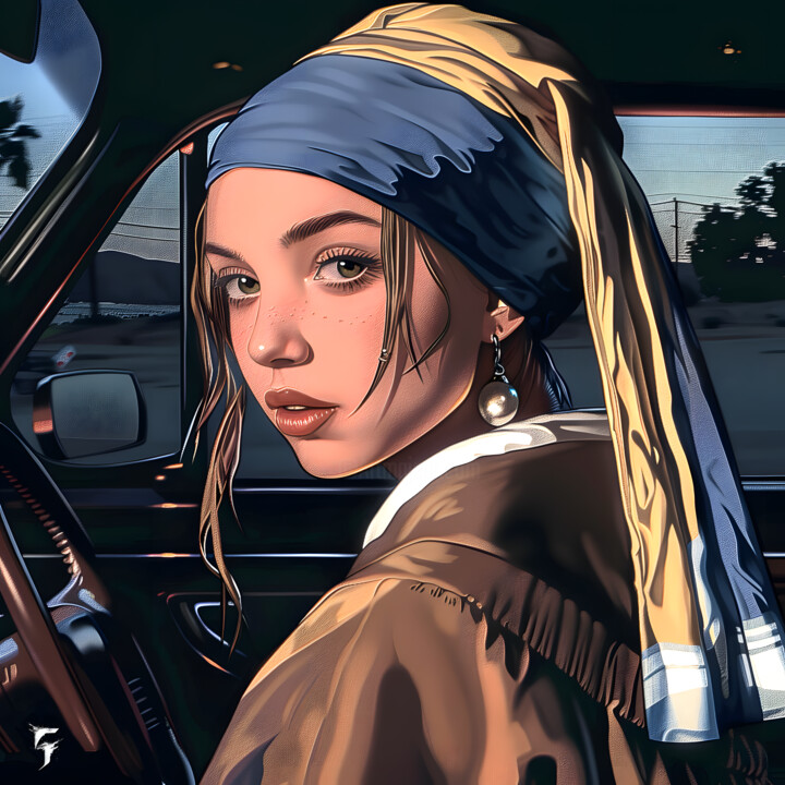 Digital Arts titled "GTA: La Fille à la…" by Frédéric Font (Chroma), Original Artwork, Digital Painting Mounted on Wood Stre…