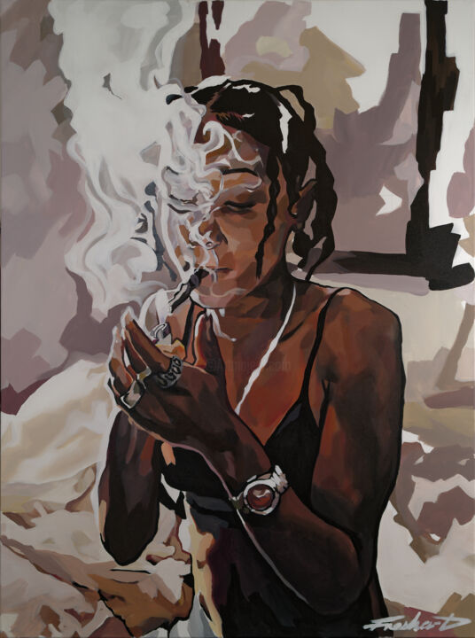 Картина под названием "femme a la fumee" - Fresha-D, Подлинное произведение искусства, Акрил Установлен на Деревянная рама д…