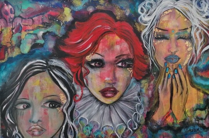 Painting titled "Les 3 Grâces" by G6k Adams, Original Artwork, Acrylic Mounted on Wood Stretcher frame