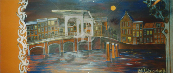 Painting titled "Magere Brug in sort…" by Nicholas Gabrichidze, Original Artwork, Acrylic