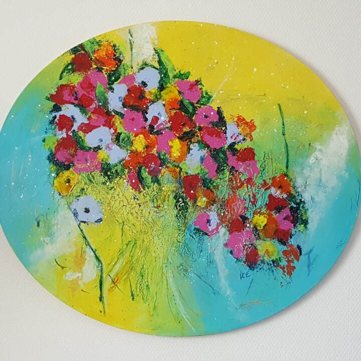 Schilderij getiteld "Flower story ovale" door Gaby Denninger - Burgy - Ice -, Origineel Kunstwerk, Acryl