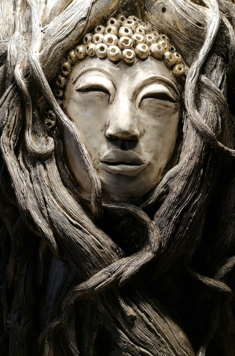 Sculpture titled "Bouddha racines" by Gaetan Gasc, Original Artwork, Ceramics