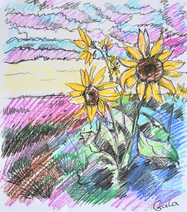 Drawing titled "sunflowers" by Galina Zulkarniaeva, Original Artwork, Pastel
