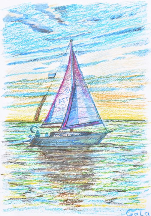 Drawing titled "boat trip" by Galina Zulkarniaeva, Original Artwork, Pastel