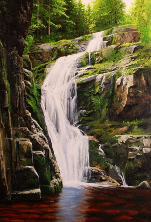 Schilderij getiteld "Waterfall" door Jacek Paweł Siedlec, Origineel Kunstwerk, Olie