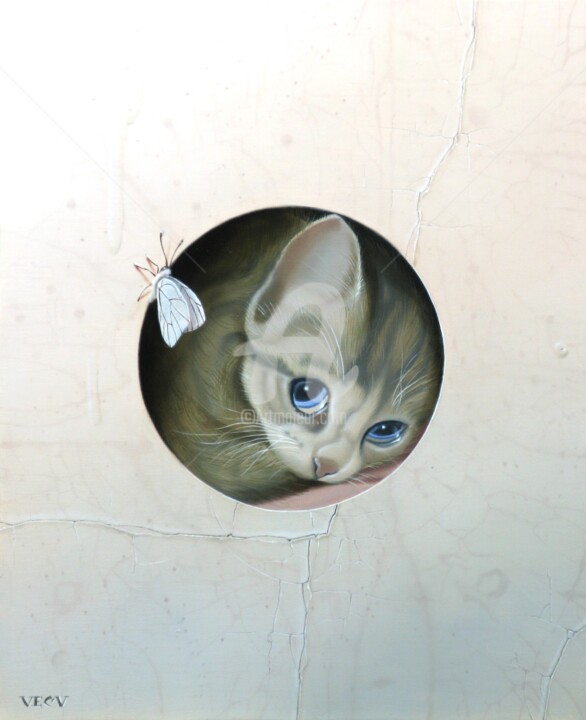 绘画 标题为“« Le chat et le pap…” 由Galerie De  Parrhasios, 原创艺术品, 油 安装在木质担架架上