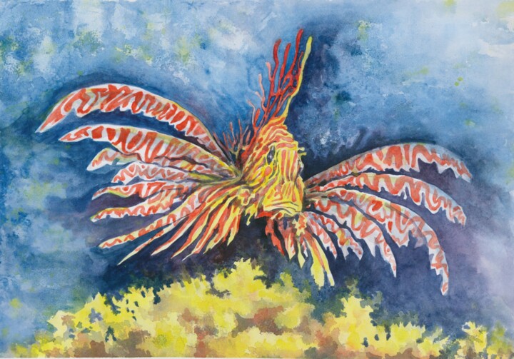 Malarstwo zatytułowany „Lion-fish in the co…” autorstwa Galina Kandabaeva, Oryginalna praca, Akwarela