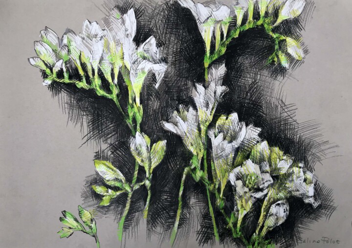 Peinture intitulée "White flowers." par Galina Poloz, Œuvre d'art originale, Crayon