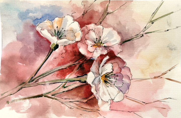 Dibujo titulada "flowering branch" por Galina Sviriaeva, Obra de arte original, Acuarela
