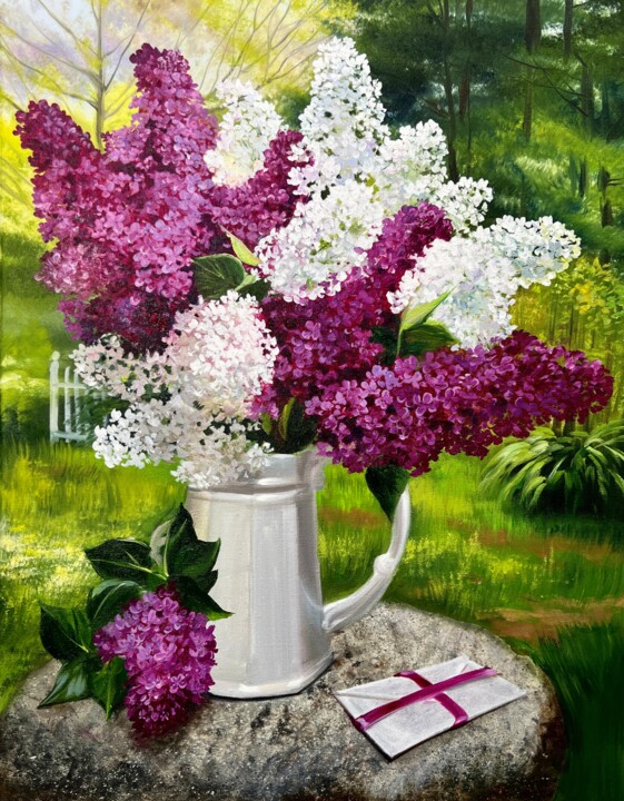 Painting titled "Lilac Bouquet" by Olga Bazanova, Original Artwork, Oil