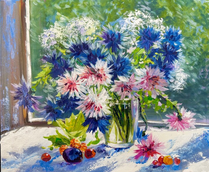Pintura titulada "Bouquet of cornflow…" por Olga Bazanova, Obra de arte original, Oleo