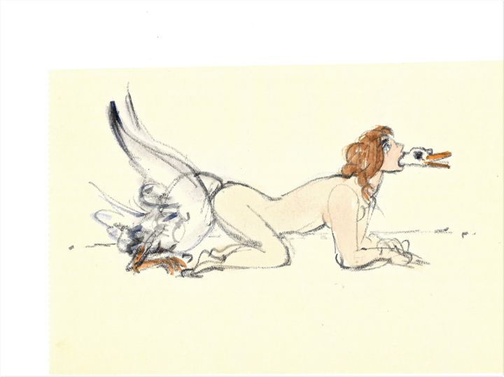 Malerei mit dem Titel "Leda und der Schwan" von Gallery Schöneweide, Original-Kunstwerk, Aquarell