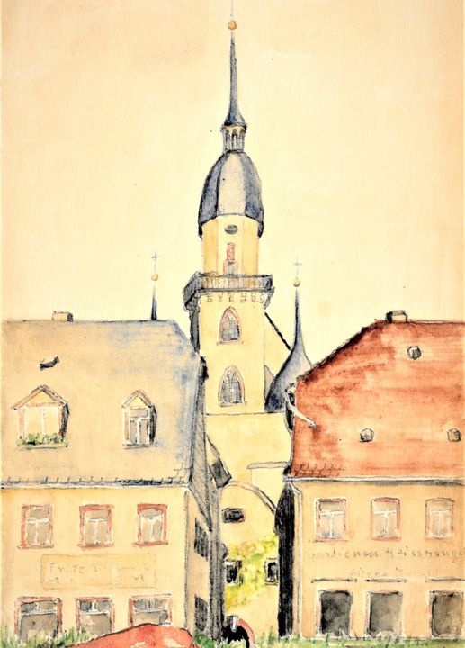 Painting titled "Stadtbild mit Kirche" by Gallery Schöneweide, Original Artwork, Watercolor