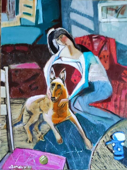 Картина под названием "Interior with a dog" - Galya Didur, Подлинное произведение искусства, Акрил