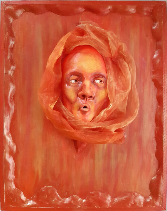 Sculptuur getiteld "Orange désert" door Elodie Bedon (Garance Be.), Origineel Kunstwerk, Klei Gemonteerd op Frame voor houte…