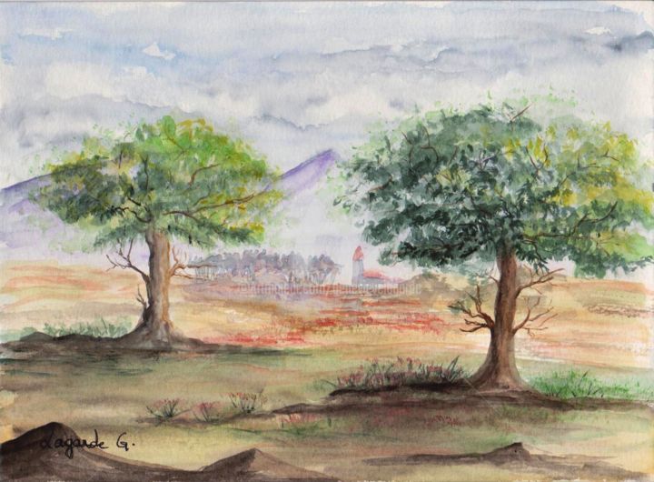Painting titled "26 Village  +c" by Geneviève Lagarde, Original Artwork, Watercolor