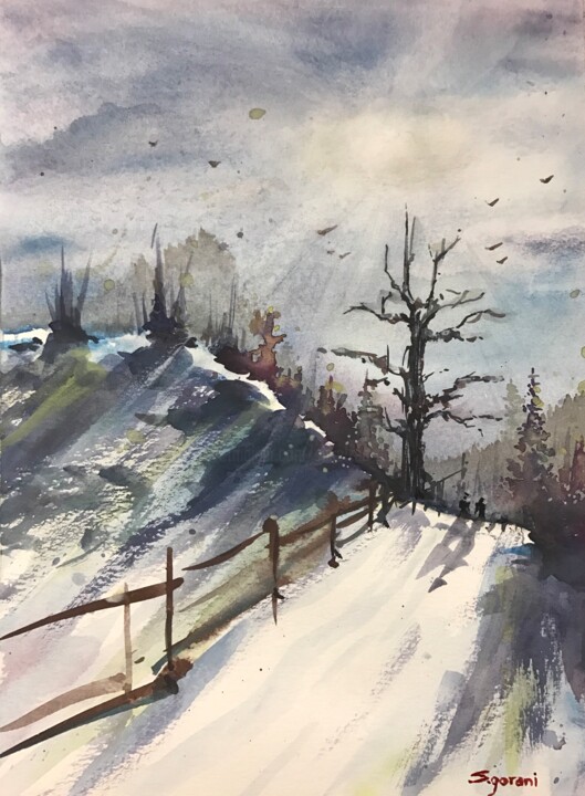 Malerei mit dem Titel "Winter Light" von Geni Gorani, Original-Kunstwerk, Aquarell