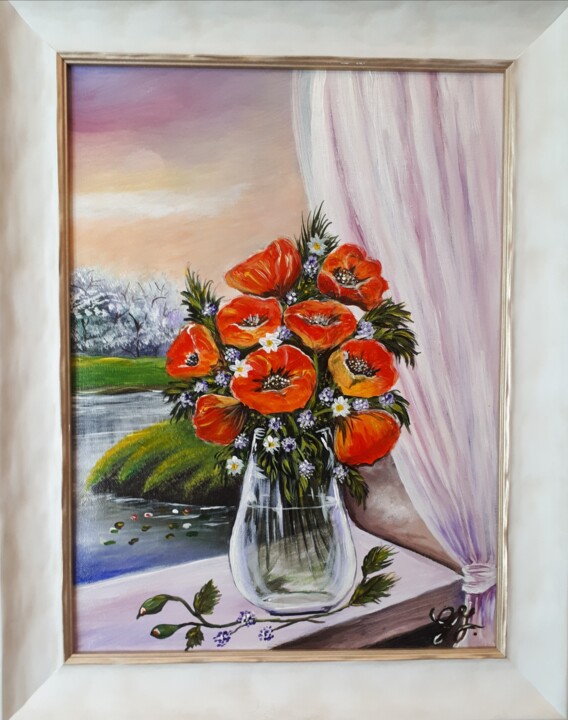 Painting titled "Poppies on a window…" by Geraldine Flahavan, Original Artwork, Acrylic