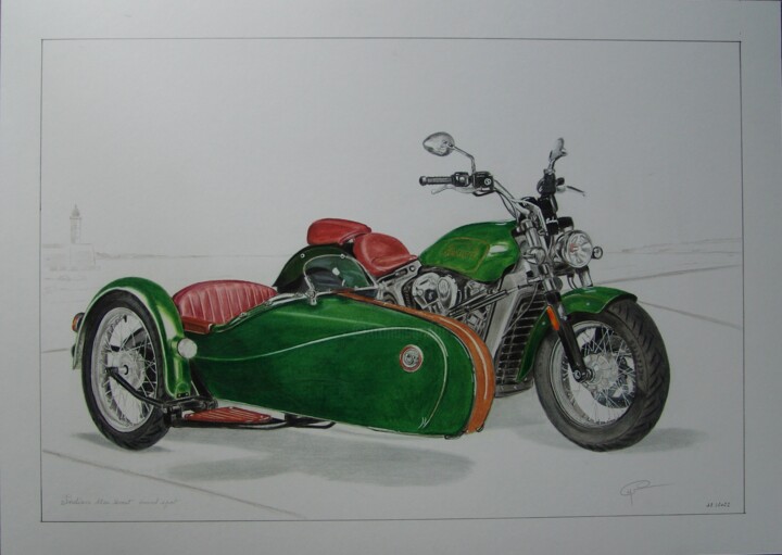 Drawing titled "moto indian 1200 sc…" by Gerard Marteau, Original Artwork, Pencil