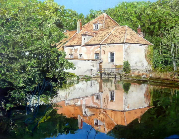 Malerei mit dem Titel "Moulin reflet" von Gerard Monborren, Original-Kunstwerk, Öl Auf Keilrahmen aus Holz montiert