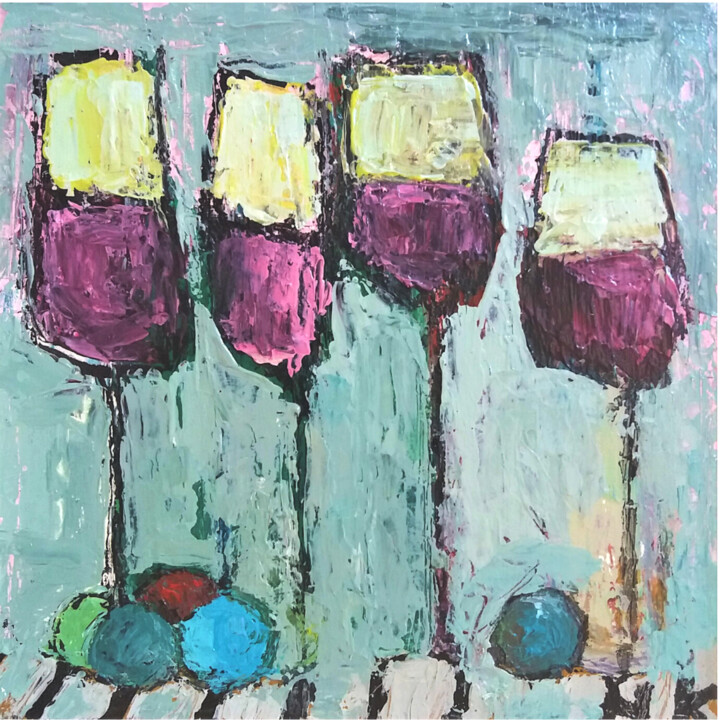 Painting titled "4 VERRES ROUGES ET…" by Germain Henneka, Original Artwork, Acrylic Mounted on Cardboard