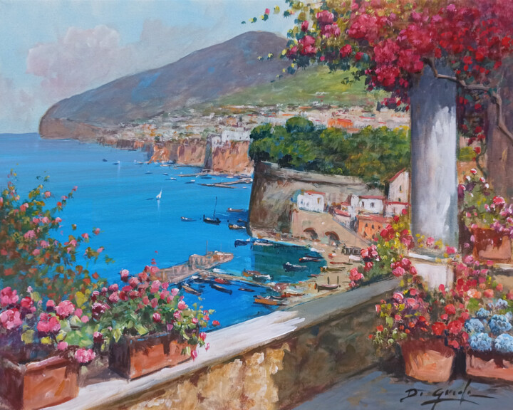 Painting titled "Sorrento terrace wi…" by Gianni Di Guida, Original Artwork, Oil Mounted on Wood Stretcher frame