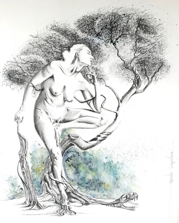 Drawing titled "Eurydice, une dryade" by Gier, Original Artwork, Pencil