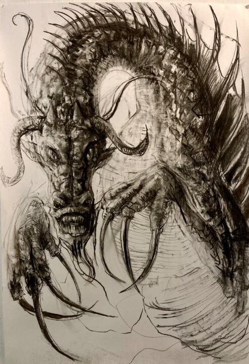 Dessin intitulée "Dragon" par Gilles Glaçon, Œuvre d'art originale, Fusain