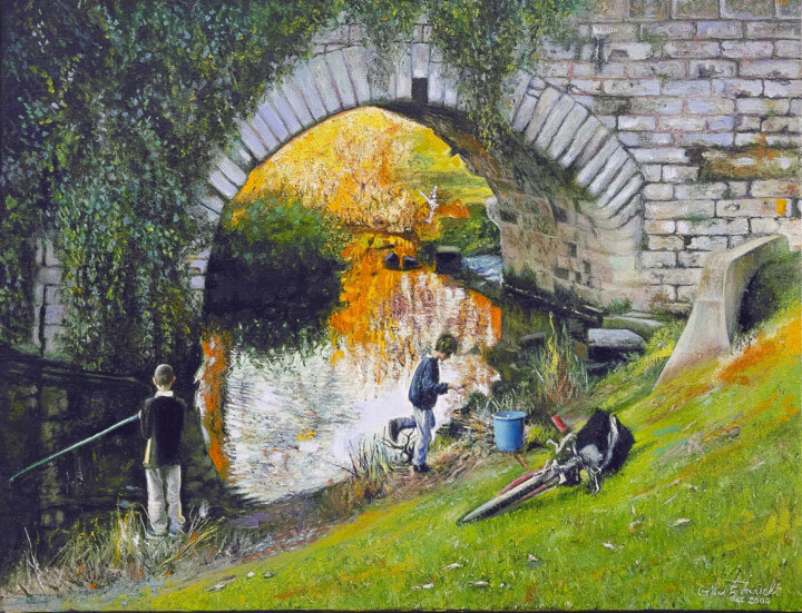 Schilderij getiteld "La pêche au pont" door Gilles Paul Esnault, Origineel Kunstwerk, Olie Gemonteerd op Frame voor houten b…