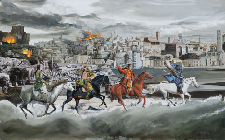 Pintura intitulada "Les quatre cavalier…" por Gilles Chambon, Obras de arte originais, Óleo