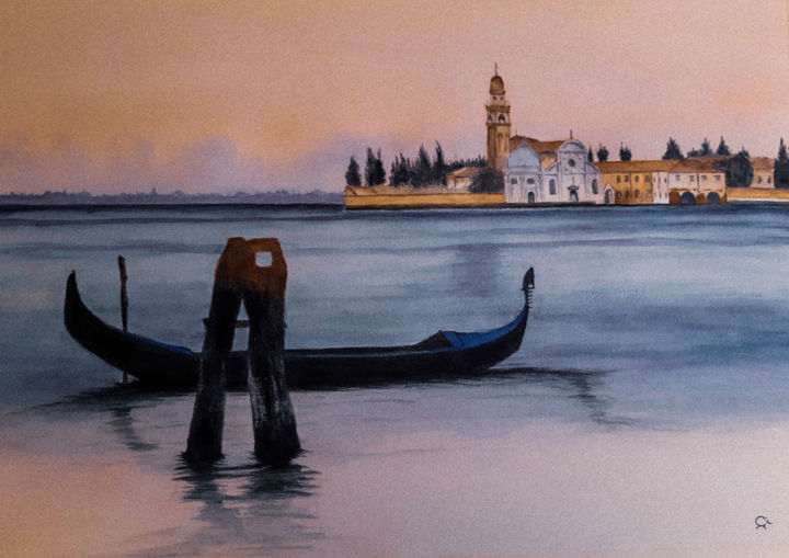 Painting titled "Gondole et lagune d…" by Gilles Mathieu, Original Artwork, Watercolor