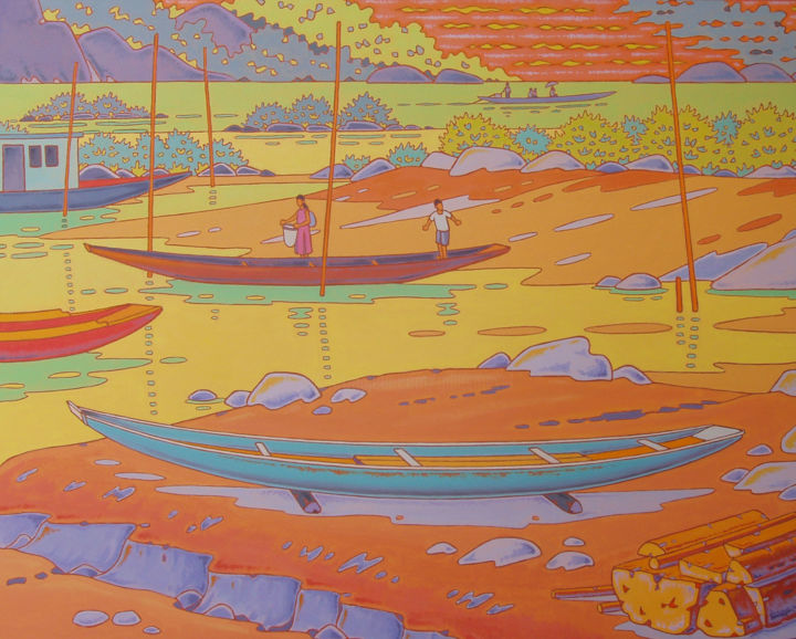 Картина под названием "Barques sur la Nam…" - Gilles Mével, Подлинное произведение искусства, Акрил Установлен на Деревянная…