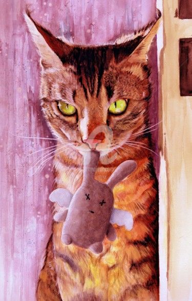 Schilderij getiteld "Mr croquette ( chat…" door Ginie Color, Origineel Kunstwerk, Aquarel