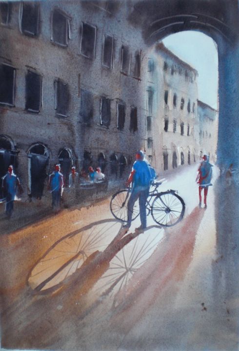 Pittura intitolato "bikes and shadows 3" da Giorgio Gosti, Opera d'arte originale, Acquarello