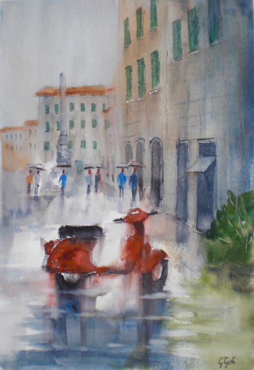 「vespa in the rain」というタイトルの絵画 Giorgio Gostiによって, オリジナルのアートワーク, 水彩画