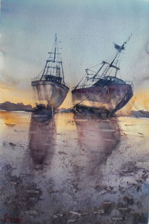 Peinture intitulée "boat stranded 4" par Giorgio Gosti, Œuvre d'art originale, Aquarelle