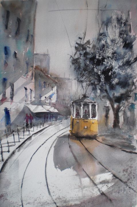 Malerei mit dem Titel "tram in Lisbon 3 #a…" von Giorgio Gosti, Original-Kunstwerk, Aquarell