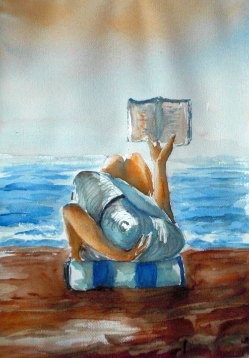 Painting titled "Reading" by Giorgio Gosti, Original Artwork, Watercolor