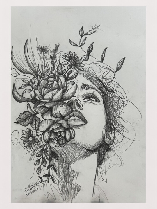 Dibujo titulada "Femme aux fleurs VI…" por Giovanni.D, Obra de arte original, Lápiz